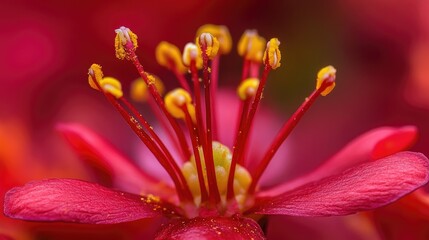 Close-up of red Hypericum flower showcasing vibrant petals and intricate stamen details against a blurred background.