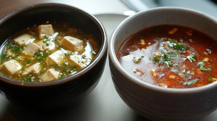 Tartar chicken soup and tofu paste in two bowls with fresh herbs and vegetables on a dining table