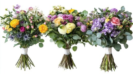 Vibrant mixed flower bouquets beautifully arranged on a white background for artistic floral design and decoration concepts.