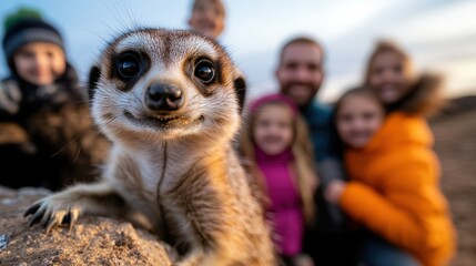 A playful meerkat leans in close with a joyful family blurred in the background, showcasing a delightful moment of wildlife interaction and family fun outdoors.