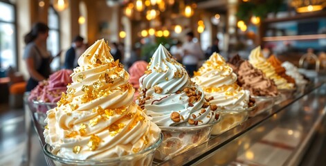 Naklejka premium Colorful Array of Gourmet Ice Cream Flavors in a Display, Topped with Gold Leaf and Nuts