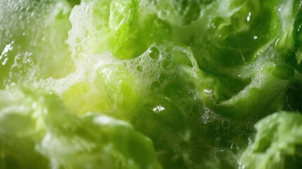 Freshly washed green lettuce with bubbles creating a vibrant macro background showcasing texture and vibrant color in a healthy food concept.