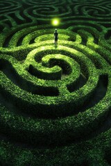 A silhouette of a person stands in a vibrant green maze, illuminated by a glowing orb.