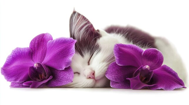 Sleeping cat with purple orchids on white background creating a serene and tranquil setting ideal for floral and pet-themed projects.
