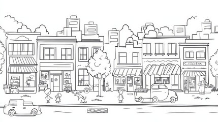 Naklejka premium Charming Cityscape: A hand-drawn sketch of a bustling city street, capturing the vibrant energy of a lively neighborhood.