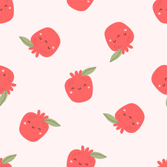 Seamless pattern with cute pomegranate fruits on a colored background. Vector illustration for printing. Cute children's background. Food and drinks