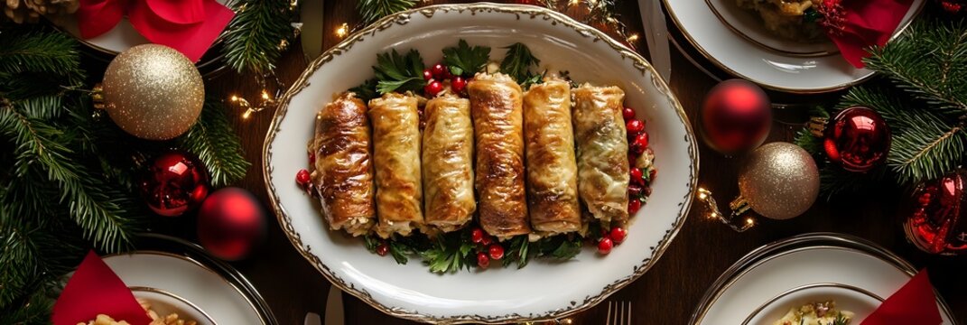 Traditional Bulgarian dish sarmi on a table with Christmas decoration 