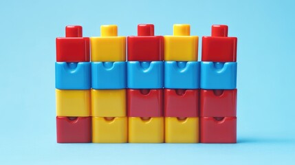 Naklejka premium Colorful plastic building blocks stacked on a blue background showcasing creativity and playfulness suitable for educational or children's themes