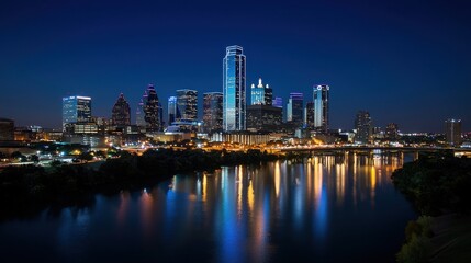 A city skyline is lit up at night, with the lights reflecting on the water