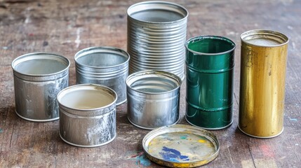 Open paint cans and a palette on a rustic wooden surface showcasing a variety of colors for creative projects and artistry inspiration.