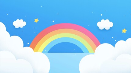 Fototapeta premium Colorful rainbow arching over stylized white clouds in a clear blue sky with small yellow stars, creating a dreamy and whimsical atmosphere