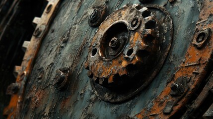 Close-up of rustic industrial machinery featuring aged, rusty cogwheels and weathered metal, highlighting vintage mechanical design.