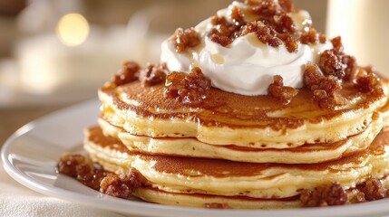 Fluffy pancakes topped with sour cream and crispy bacon bits served on a white plate, perfect for a delicious breakfast treat.