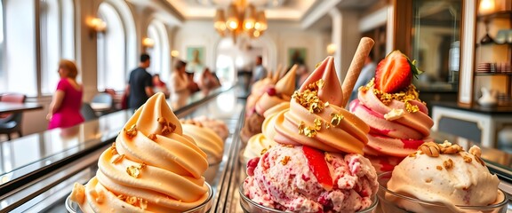 Gourmet Ice Cream Display with a Variety of Flavors and Toppings, in a Bright and Busy Ice Cream Shop