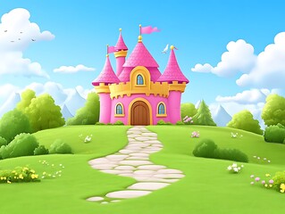 A Pink Castle Sits Atop A Lush Green Hill