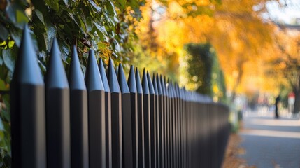 Unique bullet-shaped metal fence with vibrant autumn leaves in the background highlighting architectural creativity and outdoor design.
