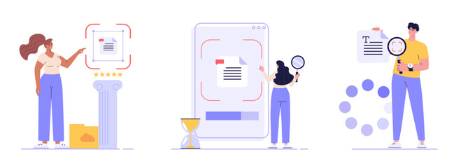People recognize text of document with phone and ai. User scanning text file. Concept of text file recognition, OCR, optical character recognition. Vector illustration set in flat design