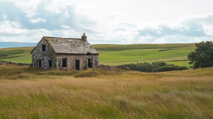 Obraz premium Abandoned farmhouse surrounded by lush green fields under a cloudy sky showcasing rural decay and nature's reclamation.