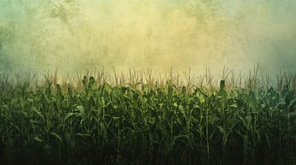 Obraz premium Panoramic view of young corn plants in a textured field landscape showcasing lush greenery and a vintage aesthetic atmosphere
