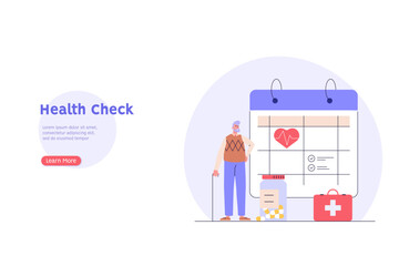 Health Check Up Concept Web Banner. Medical Doctor Examining Senior Patient. Set of Health Old People, Health Calendar, Medical Report and Insurance. Vector illustration for Web Design