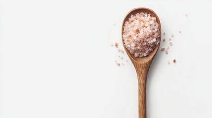 Pink Himalayan salt in a wooden spoon isolated on a clean white surface showcasing its natural texture and soft pink hues