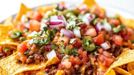 Delicious nacho chips topped with fresh salsa jalapenos and garnished with cilantro on a white background close up food photography