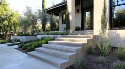 Modern home entrance featuring decorative gray concrete plaster steps surrounded by lush landscaping and greenery.