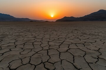 Drought landscape with cracked earth at sunset over mountains