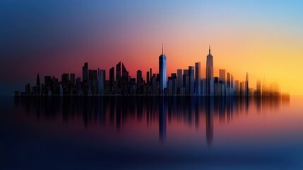 Obraz premium A city skyline is reflected in the water at sunset