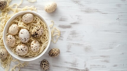 Quail eggs nestled in dry noodles on a rustic white wooden surface highlighting culinary textures and natural ingredients