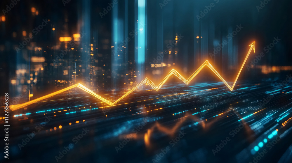 Poster shining golden arrow chart rises, symbolizing progress, accomplishment, and optimistic economic patt