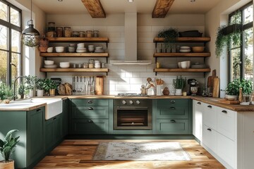 Fototapeta premium Sunlit farmhouse kitchen with green cabinets, wood shelves, and a farmhouse sink.