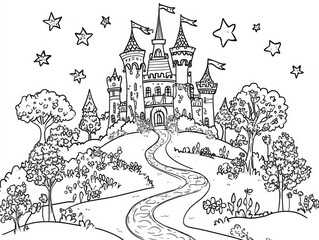 Naklejka premium Enchanted Castle Coloring Page: A majestic castle with towering spires, surrounded by lush trees and a winding path leading to its gates. The night sky is adorned with twinkling stars.