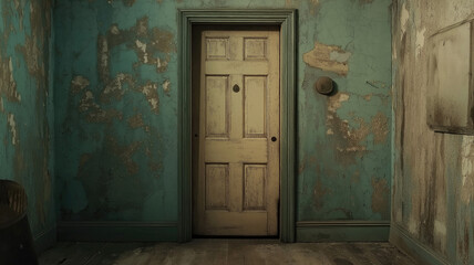 Abandoned house interior with peeling paint and vintage doors