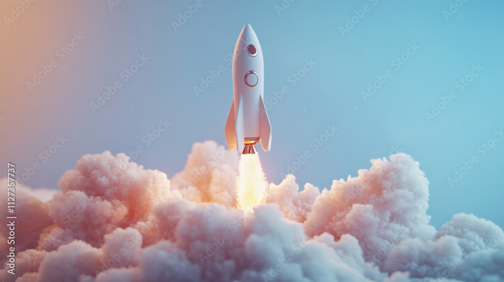 Aufkleber white space rocket launching through a cloudy blue sky, creating a dramatic smoke trail while symbol