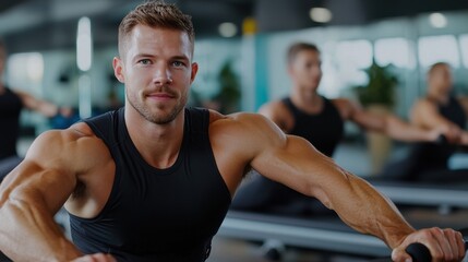 Fototapeta premium A man with a beard and a smile is posing for a picture in a gym