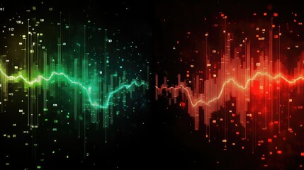 Red and green sound waves on black background.