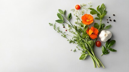 Fresh Herb Arrangement with Colorful Flowers and Vegetables