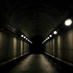 Dark tunnel with turned on lamps on the ceiling