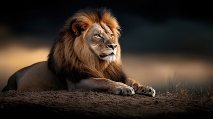 Obraz premium A lion is laying on the ground with its head up