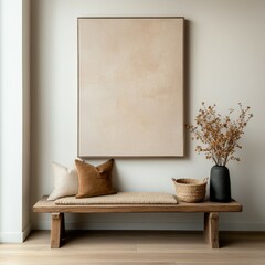 Stylish home decor with a minimalist bench and wall art