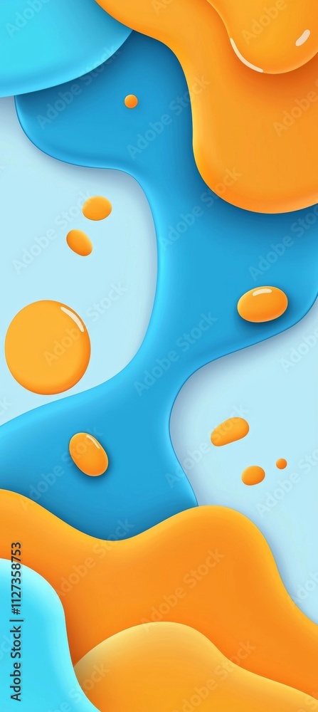 Poster smooth, undulating shapes in vibrant blue and orange hues intertwine and overlap, creating a visuall