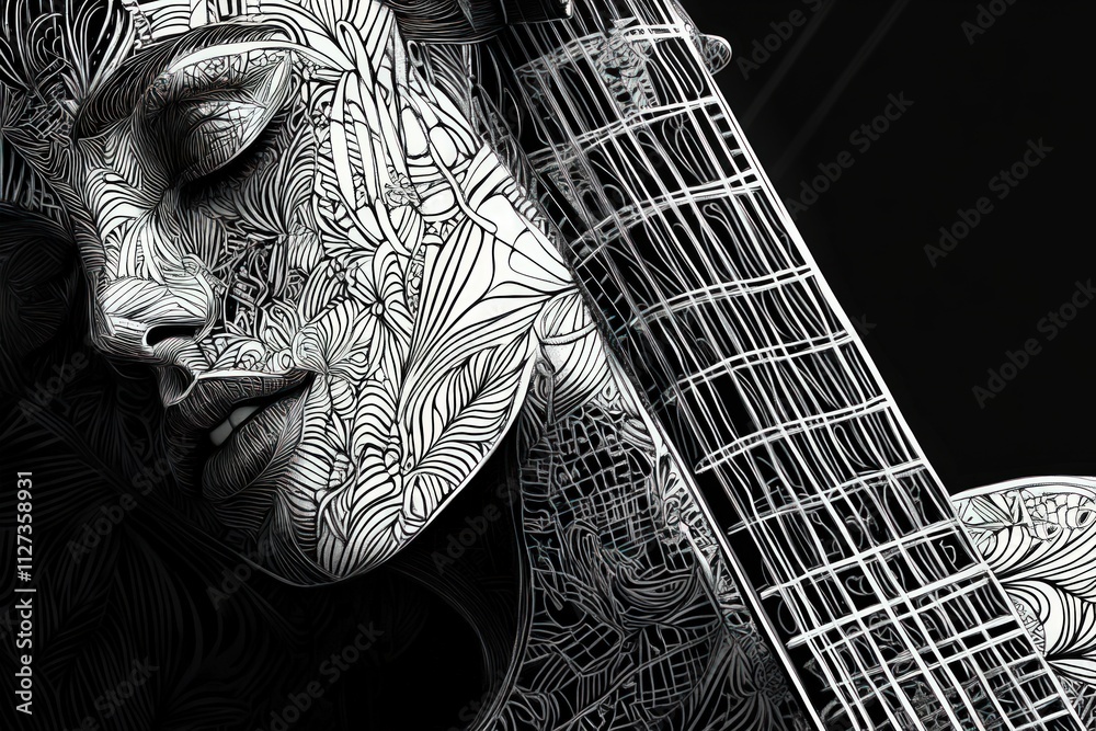 Canvas Prints Abstract monochrome art; woman, guitar, intricate lines.