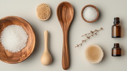 Wooden Bowls Spoons Salts And Essential Oils Arranged For Spa Treatment