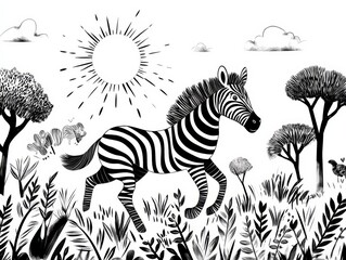 Obraz premium Striped Safari: A whimsical black and white illustration of a zebra galloping across the African savanna, surrounded by stylized trees and vegetation. A sun shines brightly above. 