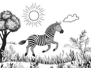 Obraz premium Zebra in the Savannah: A charming black and white illustration of a zebra galloping across the African savanna under a bright sun. Perfect for children's books, coloring pages.
