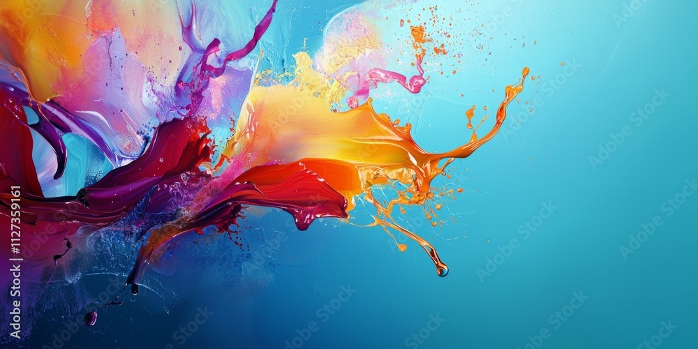 Poster vivid colors exploding and splashing against a vibrant teal background, creating an energetic abstra