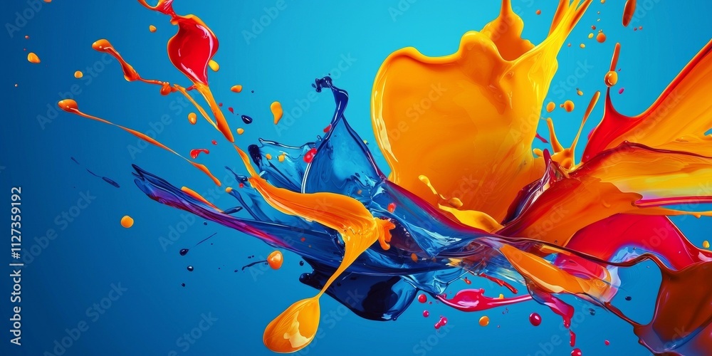 Poster dynamic paint splashes colliding and mixing in a vibrant explosion of color against a blue backdrop,