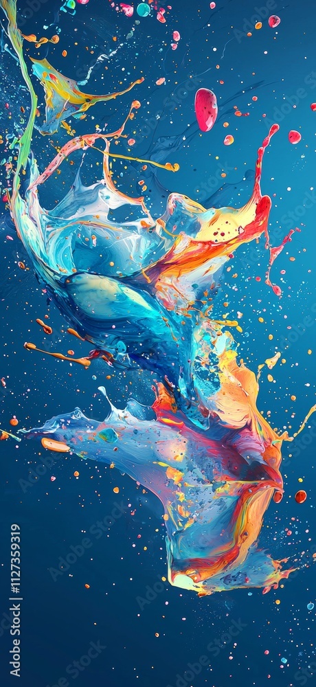 Poster dynamic paint splashing across a vibrant blue background, creating a lively array of colorful abstra