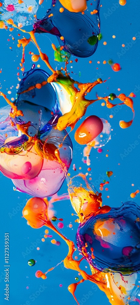 Poster colorful paint is splashing and exploding on a vibrant blue background, creating a dynamic and abstr